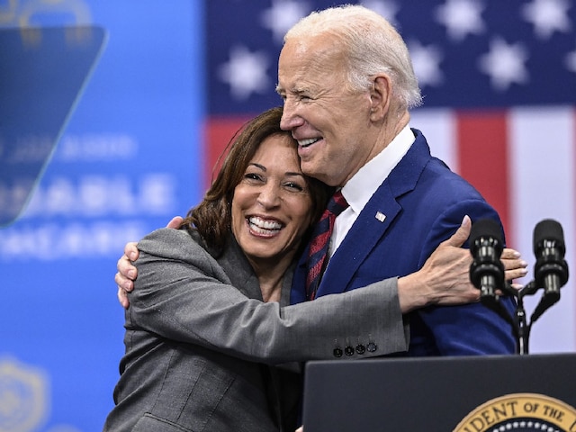 Vice President Kamala Harris embraces President Joe Biden after a speech on healthcare in Raleigh, North Carolina. (Image: AP Photo)